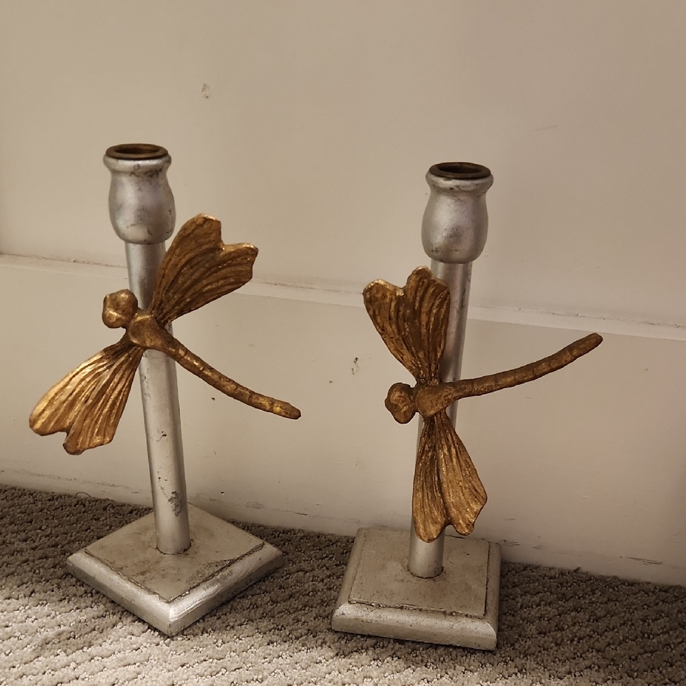 Elegant Gold and Silver Dragonfly Candle Holders